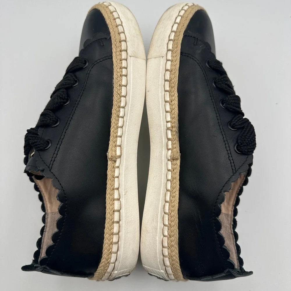 Kate Spade New York Lena Black Leather Sneakers Chunky Laces Scalloped Chic Sz 5